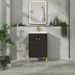Royal Bathrooms Verona 500mm Walnut Woodgrain Floor Standing Bathroom Vanity Unit 2 Door With Mid-Edge Basin & Brushed Brass Knob - thumbnail 4