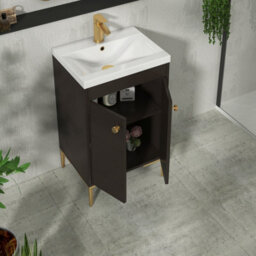 Royal Bathrooms Verona 500mm Walnut Woodgrain Floor Standing Bathroom Vanity Unit 2 Door With Mid-Edge Basin & Brushed Brass Knob - thumbnail 5
