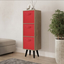 Urbn-Living Urbnliving 80Cm Height 3 Tier Oak Wooden Storage Bookcase Scandinavian Style Black Legs With Red Inserts