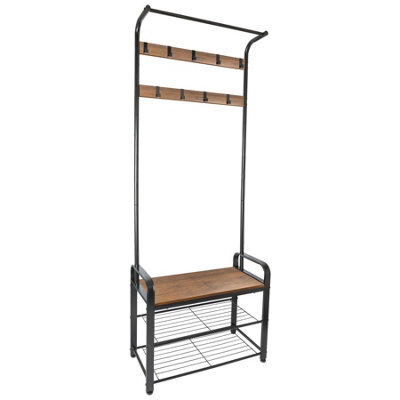 Harbour Housewares Coat Rack With Shoe Storage Bench - Curved Steel Frame - Brown Hall Tree Coat Stand With 9 Hooks & Shoe Shelf - image 1