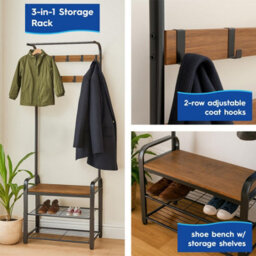 Harbour Housewares Coat Rack With Shoe Storage Bench - Curved Steel Frame - Brown Hall Tree Coat Stand With 9 Hooks & Shoe Shelf - thumbnail 2