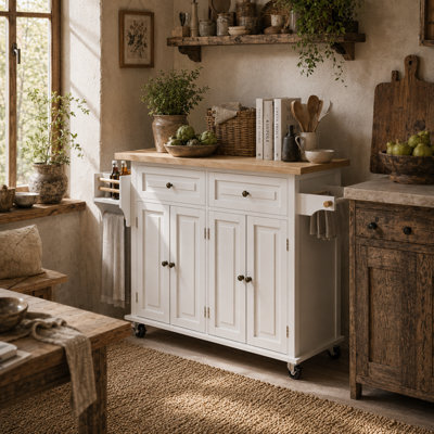 Wyld Haus Vivali Cream White Rolling Kitchen Island With Varnished Rubberwood Top, Drawers And Storage - 111W X 44.5D X 82.5H Cm - image 1