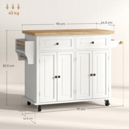 Wyld Haus Vivali Cream White Rolling Kitchen Island With Varnished Rubberwood Top, Drawers And Storage - 111W X 44.5D X 82.5H Cm - thumbnail 3