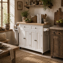 Wyld Haus Vivali Cream White Rolling Kitchen Island With Varnished Rubberwood Top, Drawers And Storage - 111W X 44.5D X 82.5H Cm