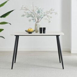 Furniturebox Uk Asti Rectangular White Marble Effect Dining Table - Matte Finish, Tapered Black Metal Legs, Seats 4 - thumbnail 2