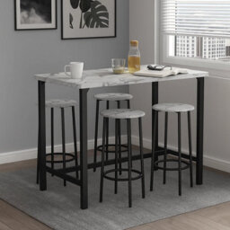 Urbn-Living Urbnliving Cancun Bar Table & 2/4 Stools Set Kitchen Dining Breakfast Industrial Furniture 5 Piece - White Marble - thumbnail 3