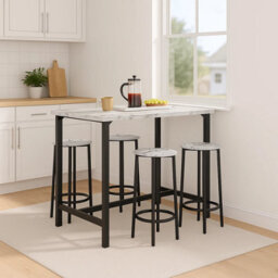 Urbn-Living Urbnliving Cancun Bar Table & 2/4 Stools Set Kitchen Dining Breakfast Industrial Furniture 5 Piece - White Marble - thumbnail 2