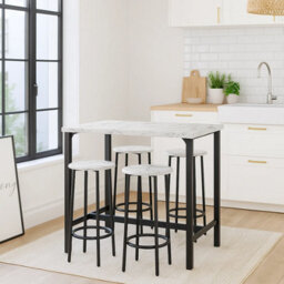 Urbn-Living Urbnliving Cancun Bar Table & 2/4 Stools Set Kitchen Dining Breakfast Industrial Furniture 5 Piece - White Marble - thumbnail 4