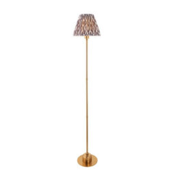 Luminosa Lighting Luminosa Burley Rechargeable Brushed Aged Brass Plate Floor Lamp With Pearl Grey Fabric Ikat Shade 25Cm Integrated Led