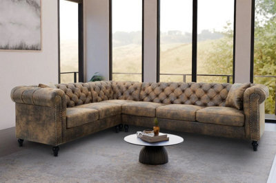 Chesterfield Corner Sofa With Wooden Feet In Faux Leather Suede Brown 2C3 Sofa - image 1