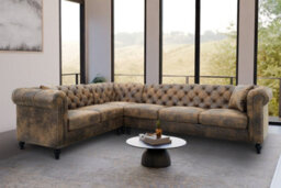 Chesterfield Corner Sofa With Wooden Feet In Faux Leather Suede Brown 2C3 Sofa - thumbnail 2