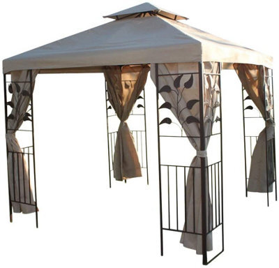 Garden Market Place Leaf Design 2.5M Square Garden Gazebo-Beige Cover & 4 Polyester Curtains With Steel Frame - image 1