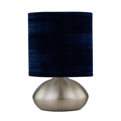 First Choice Lighting Jenson - Brushed Chrome Touch Table Lamp With Blue Velvet Shade - image 1