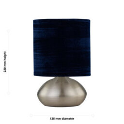 First Choice Lighting Jenson - Brushed Chrome Touch Table Lamp With Blue Velvet Shade - thumbnail 6