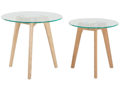 Beliani Nest Of 2 Round Glass Top Tables With Light Oak Legs - Tempered Glass, Hairpin Legs, Matt Finish - image 1