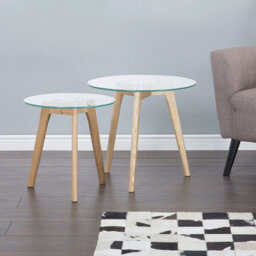 Beliani Nest Of 2 Round Glass Top Tables With Light Oak Legs - Tempered Glass, Hairpin Legs, Matt Finish - thumbnail 2