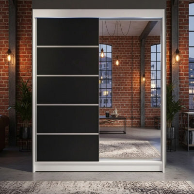 Sliding Door Wardrobe Camino 3 With Mirror And Rgb Led Lights White Black - image 1
