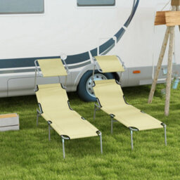 Outsunny Folding Sun Lounger Set Of 2 W/ Sunshade Adjustable Backrest Beige - thumbnail 1