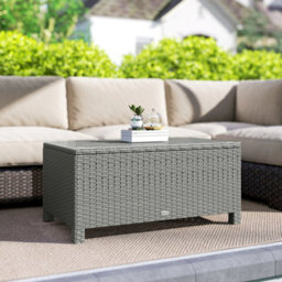 Outsunny Garden Rattan Side Table, Wicker Coffee Desk, Glass Top, Light Grey - thumbnail 1