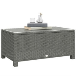 Outsunny Garden Rattan Side Table, Wicker Coffee Desk, Glass Top, Light Grey - thumbnail 2