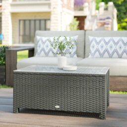Outsunny Garden Rattan Side Table, Wicker Coffee Desk, Glass Top, Light Grey - thumbnail 9