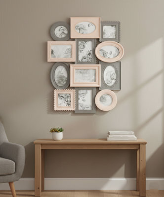 Biznest Multi Aperture Photo Frame 12Pc 8X 6X4 And 4X 4X4 Inch Photo Frames Collage Picture Wall Mounted Frame Pink & Grey - image 1