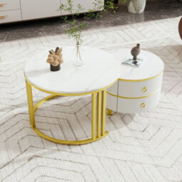 Matteo Modern 2-Piece Nested Coffee Table Set - White Marble Effect & High Gloss - thumbnail 5