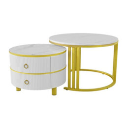 Matteo Modern 2-Piece Nested Coffee Table Set - White Marble Effect & High Gloss - thumbnail 6