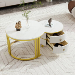 Matteo Modern 2-Piece Nested Coffee Table Set - White Marble Effect & High Gloss - thumbnail 3
