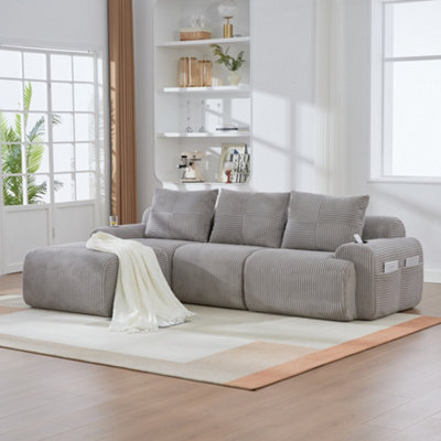 Btm 3 Seater Modular Corduroy Sofa With Ottomans, Configurable Sofa, Cup Holders And Side Storage Pockets, Light Grey - image 1