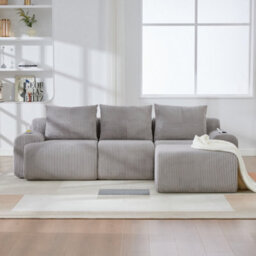 Btm 3 Seater Modular Corduroy Sofa With Ottomans, Configurable Sofa, Cup Holders And Side Storage Pockets, Light Grey - thumbnail 9