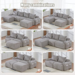 Btm 3 Seater Modular Corduroy Sofa With Ottomans, Configurable Sofa, Cup Holders And Side Storage Pockets, Light Grey - thumbnail 5