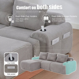 Btm 3 Seater Modular Corduroy Sofa With Ottomans, Configurable Sofa, Cup Holders And Side Storage Pockets, Light Grey - thumbnail 7