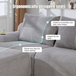 Btm 3 Seater Modular Corduroy Sofa With Ottomans, Configurable Sofa, Cup Holders And Side Storage Pockets, Light Grey - thumbnail 3