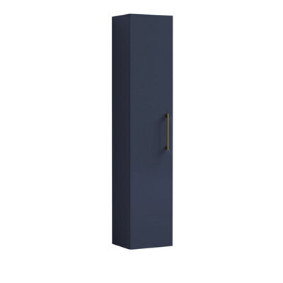 Balterley Level Modern Bathroom 1 Soft Close Door Wall Hung Tall Storage Unit, Satin Dark Blue With Brushed Brass Handle, 300 mm