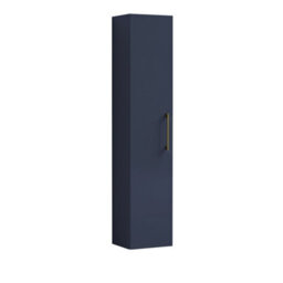 Balterley Level Modern Bathroom 1 Soft Close Door Wall Hung Tall Storage Unit, Satin Dark Blue With Brushed Brass Handle, 300 mm