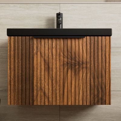 Aveli Fluted 600mm Bathroom Vanity Unit Basin Wall Hung Cupboard Soft Close Walnut - image 1