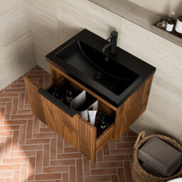 Aveli Fluted 600mm Bathroom Vanity Unit Basin Wall Hung Cupboard Soft Close Walnut - thumbnail 4