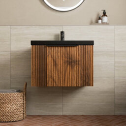 Aveli Fluted 600mm Bathroom Vanity Unit Basin Wall Hung Cupboard Soft Close Walnut - thumbnail 2