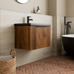 Aveli Fluted 600mm Bathroom Vanity Unit Basin Wall Hung Cupboard Soft Close Walnut - thumbnail 3