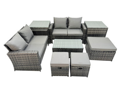Fimous Pe Rattan Garden Furniture Set Lounge Double Seat Sofa Coffee Table Set With 2 Side Tables 3 Stools Dark Grey Mixedmixed - image 1