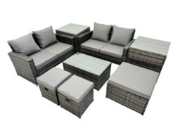 Fimous Pe Rattan Garden Furniture Set Lounge Double Seat Sofa Coffee Table Set With 2 Side Tables 3 Stools Dark Grey Mixedmixed - thumbnail 2