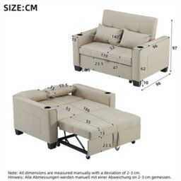 Abrihome 2-Seater Sofa Bed With Cup Holders, Pull-Out Convertible Sleeper, Space-Saving Fabric Settee For Living Rooms & Apartments, Beige - thumbnail 7