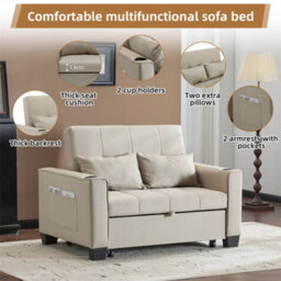 Abrihome 2-Seater Sofa Bed With Cup Holders, Pull-Out Convertible Sleeper, Space-Saving Fabric Settee For Living Rooms & Apartments, Beige - thumbnail 2
