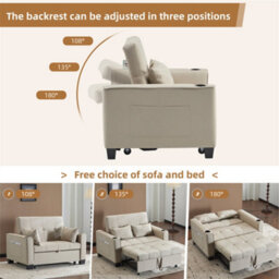 Abrihome 2-Seater Sofa Bed With Cup Holders, Pull-Out Convertible Sleeper, Space-Saving Fabric Settee For Living Rooms & Apartments, Beige - thumbnail 3