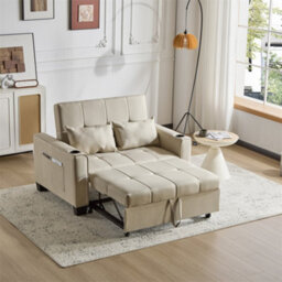 Abrihome 2-Seater Sofa Bed With Cup Holders, Pull-Out Convertible Sleeper, Space-Saving Fabric Settee For Living Rooms & Apartments, Beige