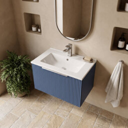 Balterley Tixall Fluted 1 Drawer Wall Hung Vanity Unit With Minimalist Basin, Satin Blue, 600mm - thumbnail 3