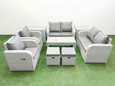 Fimous 8 Seater Outdoor Reclining Chair Love Sofa Set Rattan Garden Furniture Set Oblong Coffee Table 2 Stools 2 Side Table - image 1