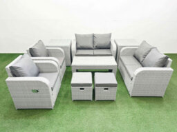 Fimous 8 Seater Outdoor Reclining Chair Love Sofa Set Rattan Garden Furniture Set Oblong Coffee Table 2 Stools 2 Side Table - thumbnail 1