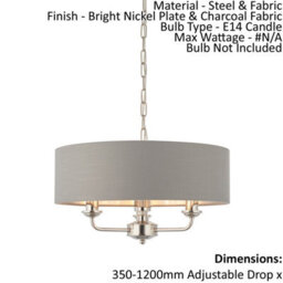 Ceiling Pendant Light - Bright Nickel & Charcoal Fabric - 3 X 40W E14 - E10231 - thumbnail 2